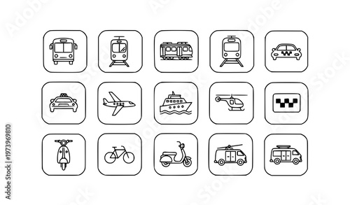 Public Transport Thin Line Icons in Rounded Square Frames Bus Train Taxi Airplane Vector Set