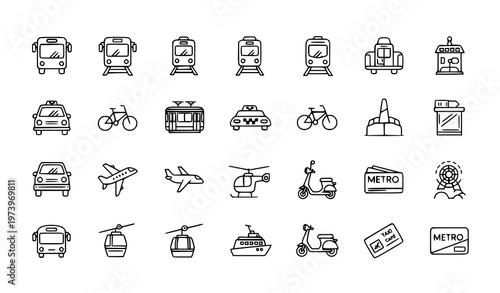 Public Transportation Thin Line Icon Set with Bus Train Taxi Metro Bicycle and Airplane Outline Symbols