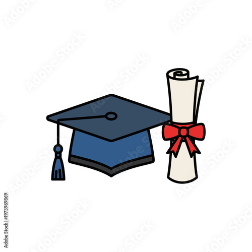 Academic graduation mortarboard hat and certificate scroll with red bow for university commencement ceremony