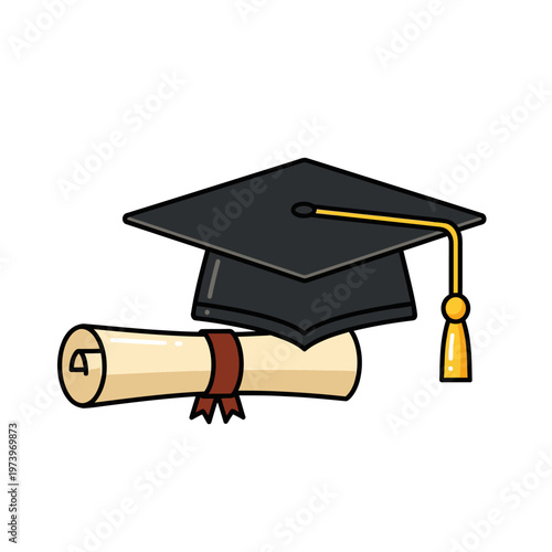 Black graduation cap with yellow tassel and diploma scroll isolated on white background for academic success and education concept