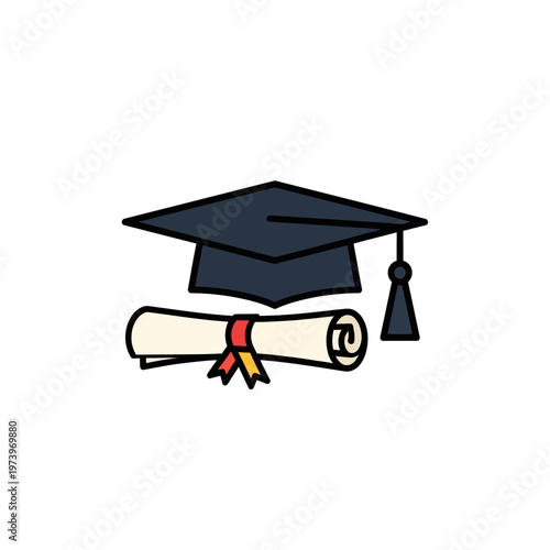 Black mortarboard graduation cap with tassel and rolled diploma scroll with red ribbon isolated on white background