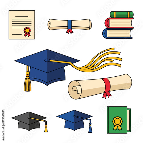 Set of graduation icons featuring mortarboards scrolls diplomas and books for university commencement and academic success celebration