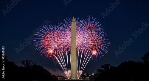 Washington Monument Illuminated by Spectacular Fourth of July Fireworks Display.