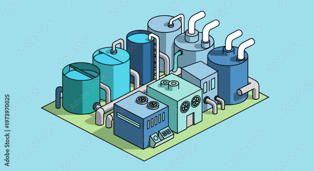 Naklejka premium Isometric Industrial Plant with Storage Tanks and Processing Units.
