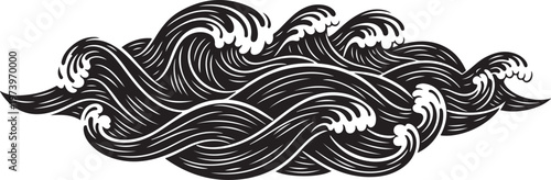 Black and white illustration of ocean waves in motion