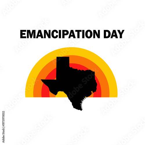 Emancipation Day Celebration Poster with Texas State Silhouette and Retro Sunburst Background for Juneteenth Holiday Commemoration