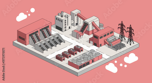Isometric Industrial Power Plant and Energy Production Facility.