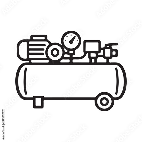 Vector illustration of a portable industrial air compressor with pressure gauge and wheels