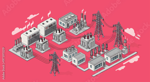 Isometric Power Plant and Energy Distribution Network Illustration.