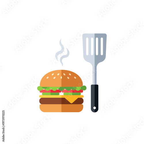 Flat illustration of a delicious cheeseburger with steam and a metal spatula for summer barbecue party invitation