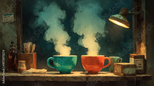 Two steaming coffee cups on rustic table cozy warm light atmosphere