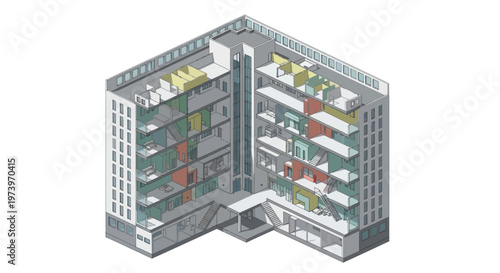 Isometric view of a modern apartment building with colorful units.