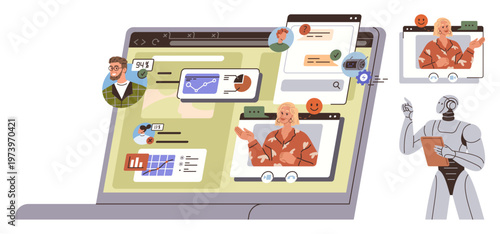 Remote work, digital collaboration, AI integration, online learning, video conferencing, virtual communication. Laptop screen with multiple chat windows and AI robot. Remote work and digital
