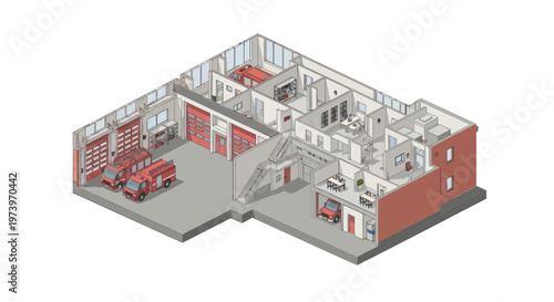 Isometric view of a modern fire station interior layout with equipment.