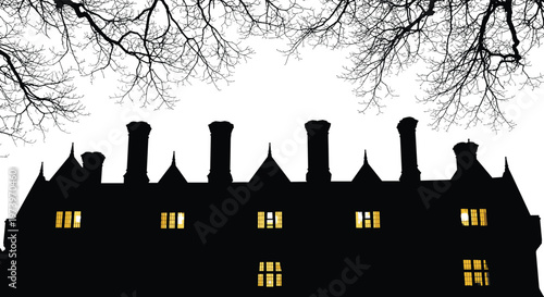 Haunted Mansion Silhouette with Glowing Windows and Bare Tree Branches Dark Night Horror Scene Vector Illustration