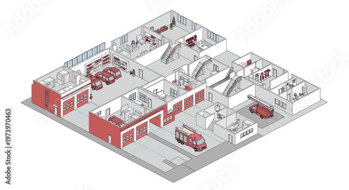 Isometric view of a modern fire station with various vehicles and interior spaces.