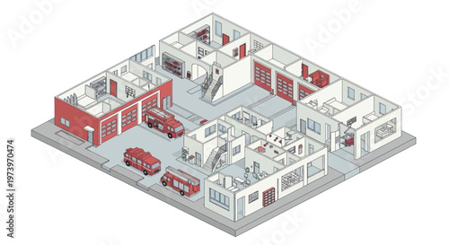 Isometric view of a modern fire station with vehicles and equipment.