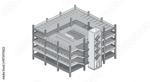Modern Building Structure with Multiple Levels and Open Courtyard.