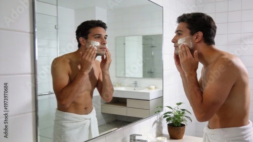 Man applying cream in bathroom