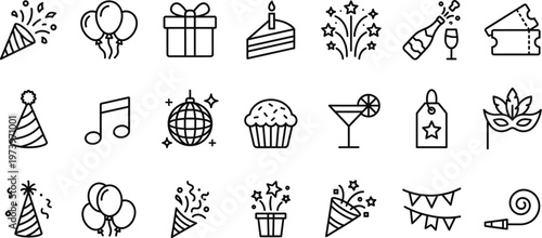 A collection of simple black and white line icons representing various celebratory elements like balloons cake and party decorations high quality professional detailed modern elegant stylish