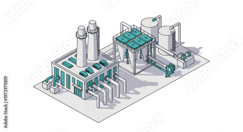 Modern Industrial Factory with Solar Panels and Smokestacks.
