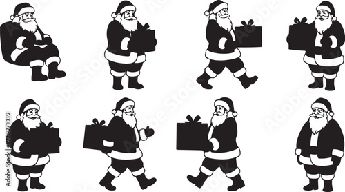 Santa Claus carrying gifts in various poses and movements