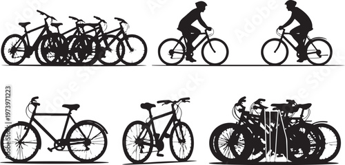 Bicycle Silhouettes in Various Riding and Parking Positions Illustration