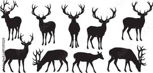 Collection of deer silhouettes in various poses and sizes