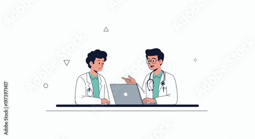 Two doctors discussing medical case on laptop, modern healthcare concept