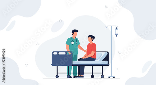 Doctor comforting patient in hospital bed with IV drip, medical care concept