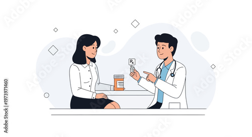 Doctor Advises Patient, Prescribing Medication with Rx Symbol and Pill Bottle