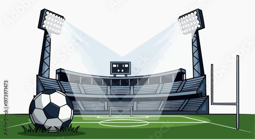 Soccer ball on a green field inside a stadium under the open sky ready for a game