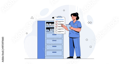 Nurse checking checklist next to medicine cabinet, healthcare concept illustration