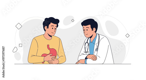Doctor Consults Patient With Stomach Pain, Medical Illustration