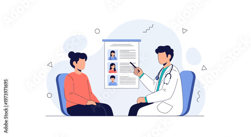 Doctor consulting patient about medical records on a board, illustration