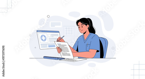 Nurse working on medical records and digital health interface on computer