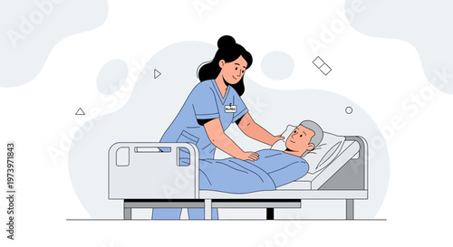 Nurse caring for elderly patient in hospital bed, healthcare illustration