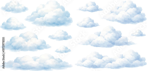 A charming watercolor collection of cumulus clouds featuring soft blue and white fluffy sky formations illustrated in a light atmospheric style.
