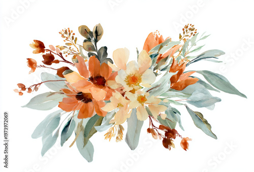 Watercolor Floral Bouquet With Orange And White Flowers On White Background For Decorative Concepts