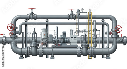 Detailed vector illustration depicting a complex oil and gas energy infrastructure, showcasing various pipes, valves, and industrial components against a clean white background