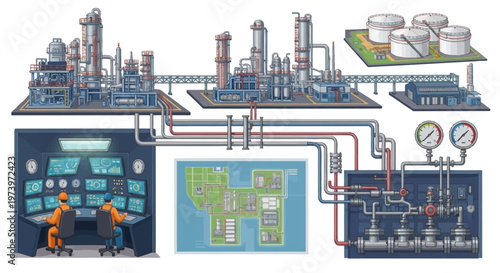 Detailed vector illustration showcasing an energy infrastructure design, featuring a sprawling oil and gas plant connected to a control center via a complex network of pipelines, all