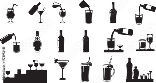 Black and white cocktail icons and silhouettes collection
