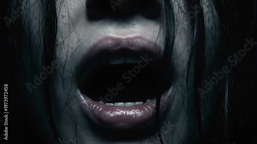 Woman screaming in dark background.