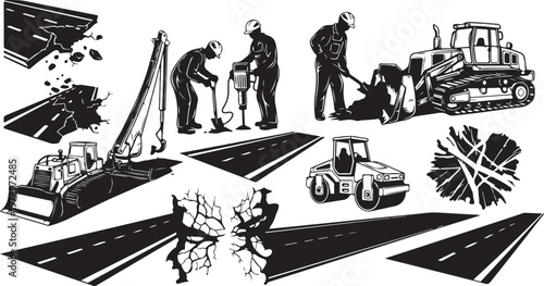 Road construction workers and heavy machinery at work site