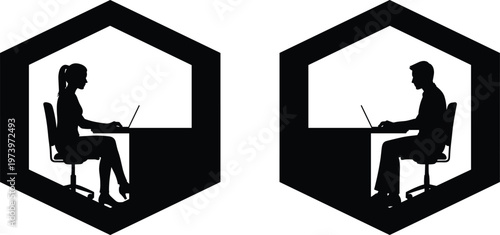 Remote Work Office Silhouette Set with Male and Female Professionals Using Laptop in Modern Workspace Hexagon Frame Vector Illustration