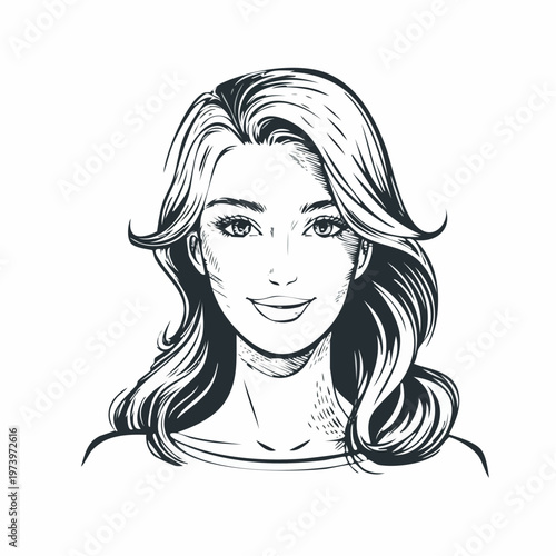 Artistic line drawing of a joyful young woman, exuding grace and natural beauty