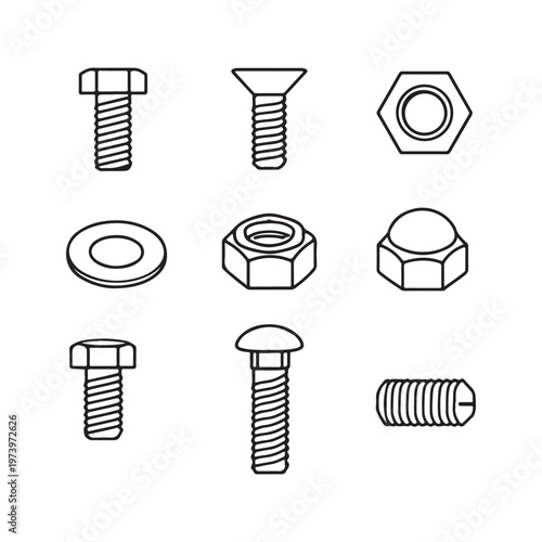 A collection of various metal hardware fasteners including bolts, nuts, and washers in line art style.