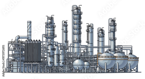 Detailed vector illustration showcasing an expansive industrial oil and gas energy infrastructure complex, rendered with technical precision against a clean white background, emphasizing