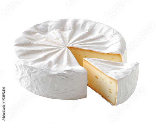Soft round cheese wheel, white bloomy rind, slice cut, revealing creamy pale yellow inside