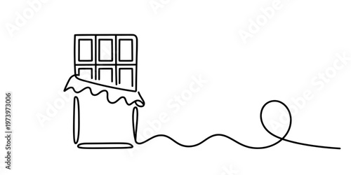 A minimalist single line drawing of a chocolate bar emerging from its wrapper on white background. Vector, illustration